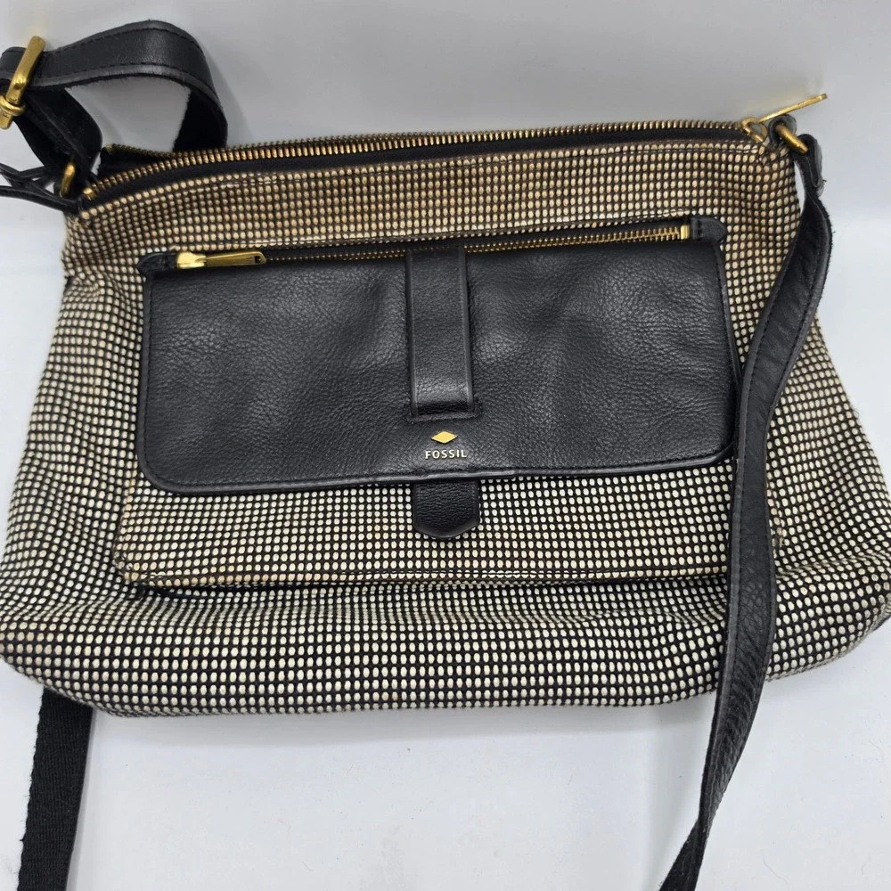 Fossil Crossbody Bag Black Cream Woven Fabric Leather Messenger Brass Hardware